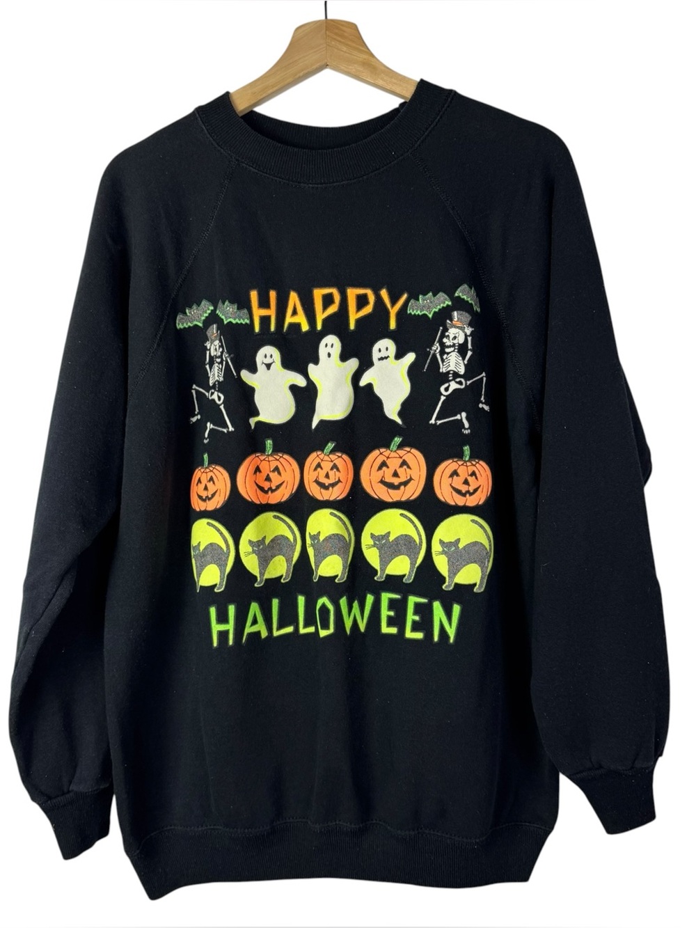 Vintage Hanes Black Neon Printed Happy Halloween Crewneck Sweatshirt XL